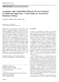 Image of Acceptance and Commitment Therapy for the Treatment of Adolescent Depression: A Pilot Study in a Psychiatric Outpatient Setting