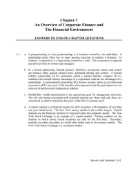 Chapter 1

An Overview of Corporate Finance and
The Financial Environment